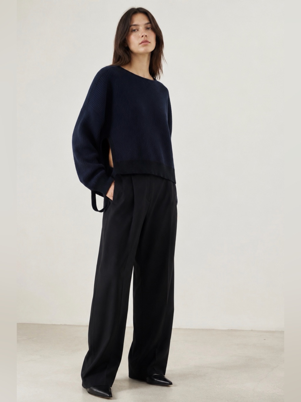 Helmut Lang Dark Navy Wool Cashmere Cotton Rib Sweater Size S Cutout Loop Detail